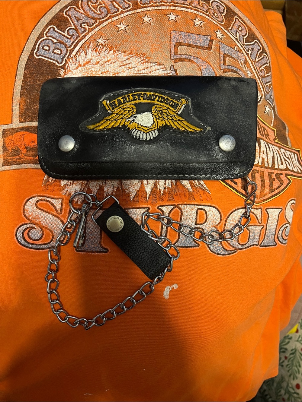 VINTAGE 1980s HARLEY DAVIDSON TRUCKER WALLET W/ CHAIN & EMBROIDERED EAGLE PATCH